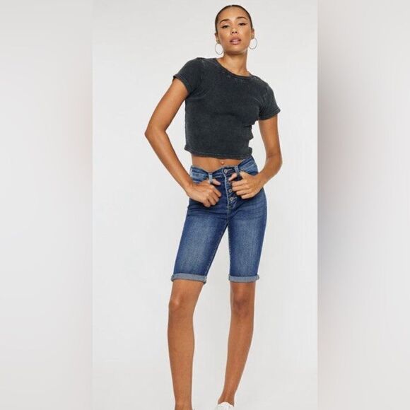 KANCAN HIGH RISE CUFF BERMUDA JEAN SHORTS - Size 9 - Picture 1 of 5